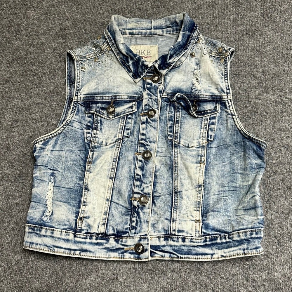 BKE Denim Vest Womens Size M Blue Acid Wash Studded Cropped Distressed Jean Vest